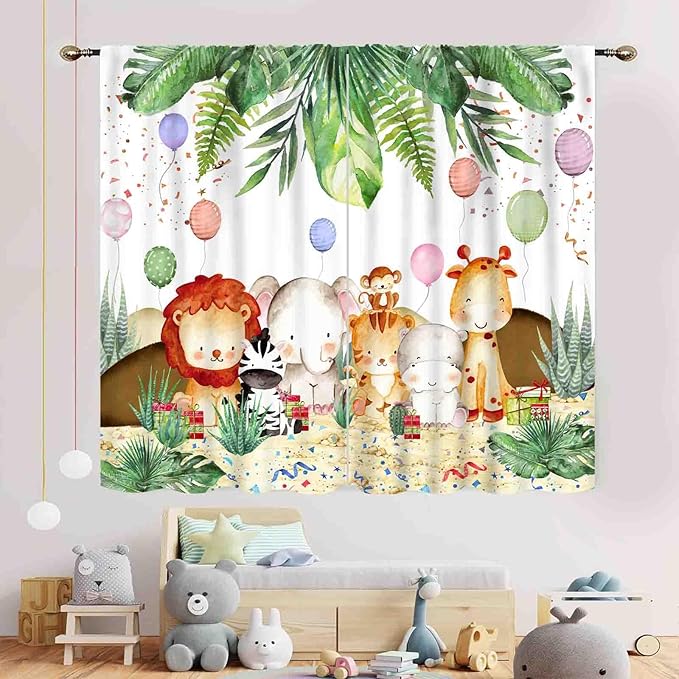 Jungle Safari Animals Curtains, Cartoon Animals Lion Giraffe Elephant Woodland Tropical Leaf Green Window Drapery for Kids Boys Girls Baby Living Room Bedroom Nursery 2 Panels, 84"x63" Inch