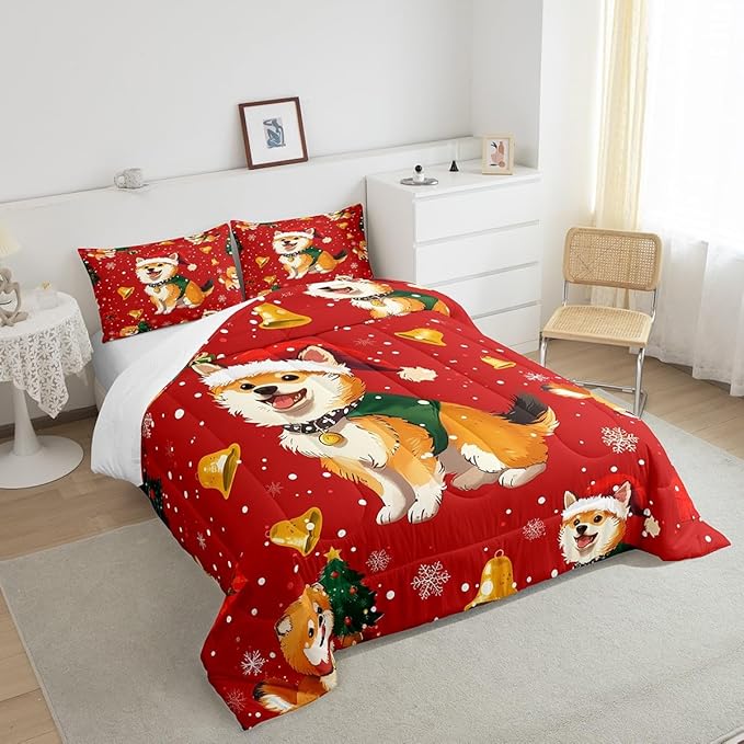Cartoon Dog Comforter Set Twin Size,Bell Christmas Tree Star Snowflake Bedding Set for Kids Boys Girls Room Decor,Cute Corgi Xmas Theme Quilt Set 2Pcs,Merry Christmas Red Duvet Insert,1 Pillowcase