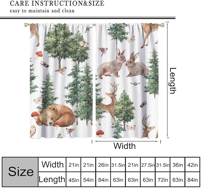 YCness Forest Animal Curtains, Wild Animals Watercolor Woodland Bear Rabbit Cartoon Window Treatments for Kids Bedroom Living Room Kitchen Living Room Drapes, 42x63 Inch