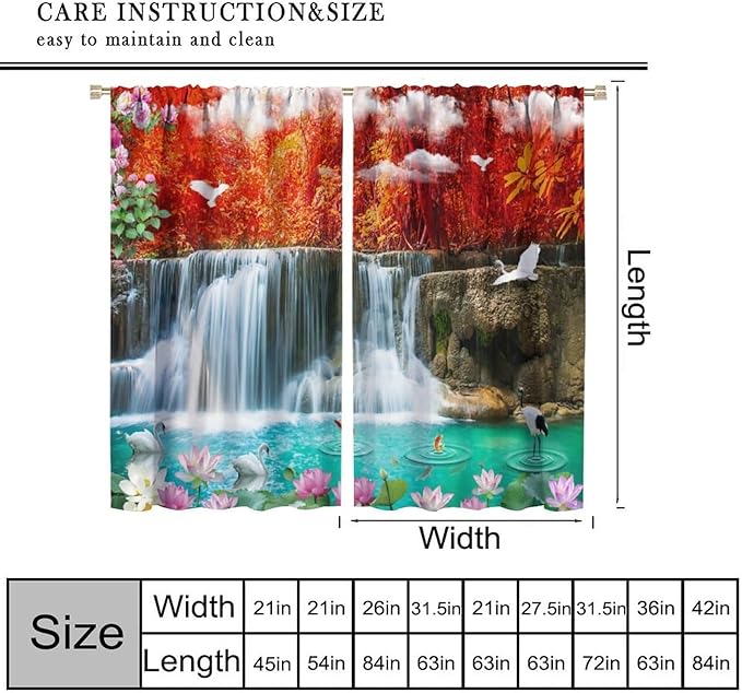 Nature Blackout Curtains, Waterfall Landscape Forest River Crane Fish Floral Pattern Rod Pocket Window Drapes, for Bedroom Living Room 42" W X 45" L