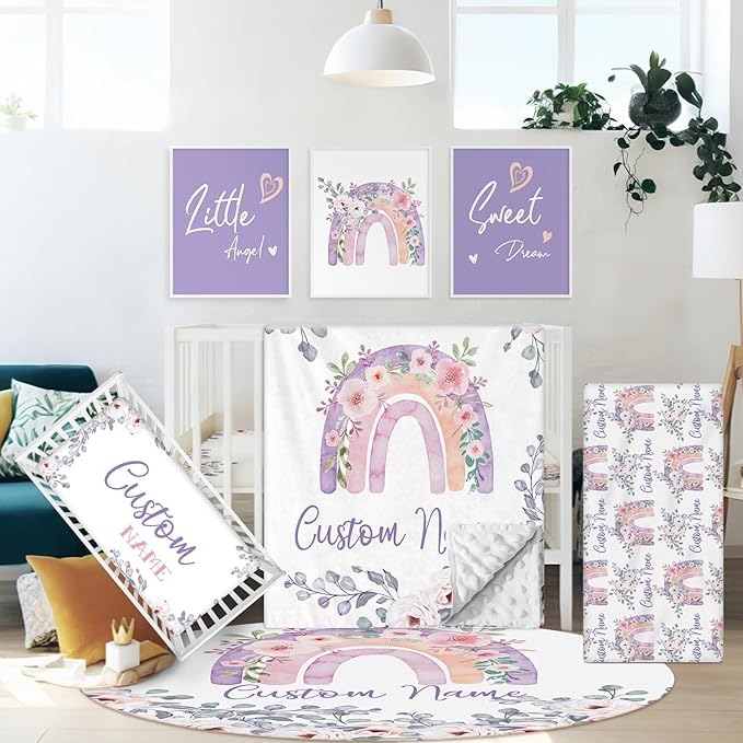 Personalized Crib Bedding Set for Baby Girls Boys, 5 Pcs Rainbow Baby Bedding Crib Sets, Custom Name Baby Crib Set, Newborn, Infant & Toddler Nursery Bedding Set Decor, Customized Gifts