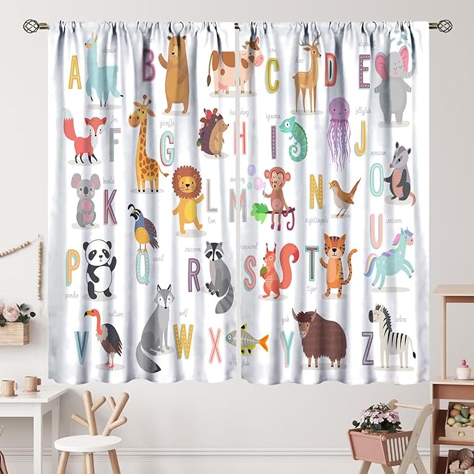 Kids Alphabet Curtains Cute Cartoon Animal Funny Educational Learning Curtain with Rod Pocket for Nursery Bedroom Playroom Home Decor Drapes Window Treatments 2 Panels Set 72" W X 63" L