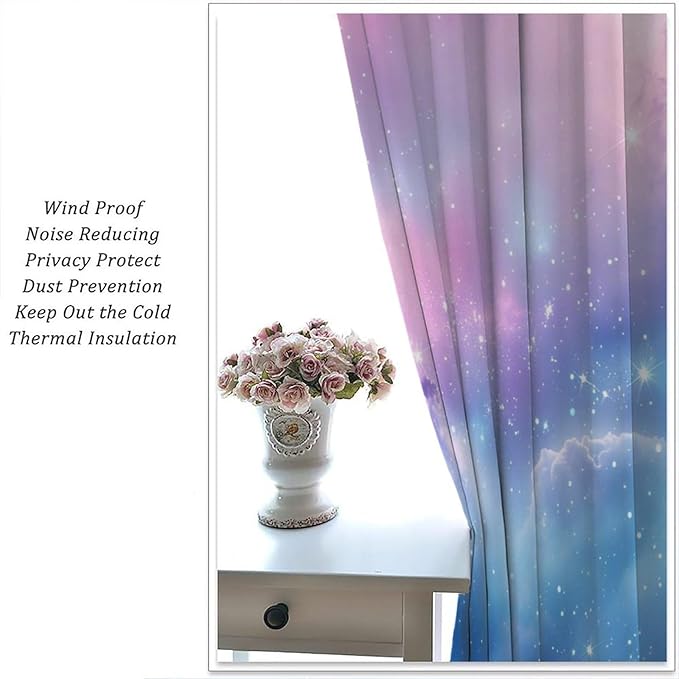 Starry Sky Galaxy Curtains, Outer Space Glitter Dreamy Gradient Romantic Blackout Window Curtains Drapes for Kids Girls Boys Adults Bedroom Nursery 42" W X 45" L