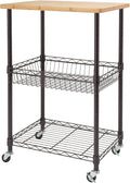3 Tier Rolling Cart Kitchen Organizer with Bamboo Top, Metal Wire Storage Basket and Shelf for Household and Pantry Organization, Dark Bronze, 24” W x 18” D x 35” H