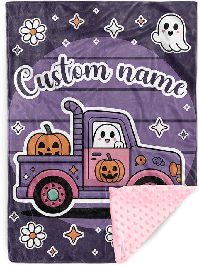 Personalized Halloween Blanket for Baby Girls, Custom Baby Blanket with Name, Ghost Truck Pattern Soft Minky Dot Blanket, Halloween Decor Christmas Birthday Gifts for Kids Toddlers