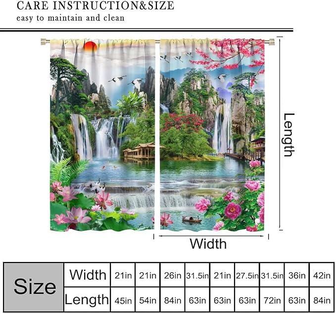 Waterfall Blackout Curtains, Forest Waterfall Rocky Lotus Fish Landscapes Print Window Drapes, for Living Room Bedroom 72" W X 63" L