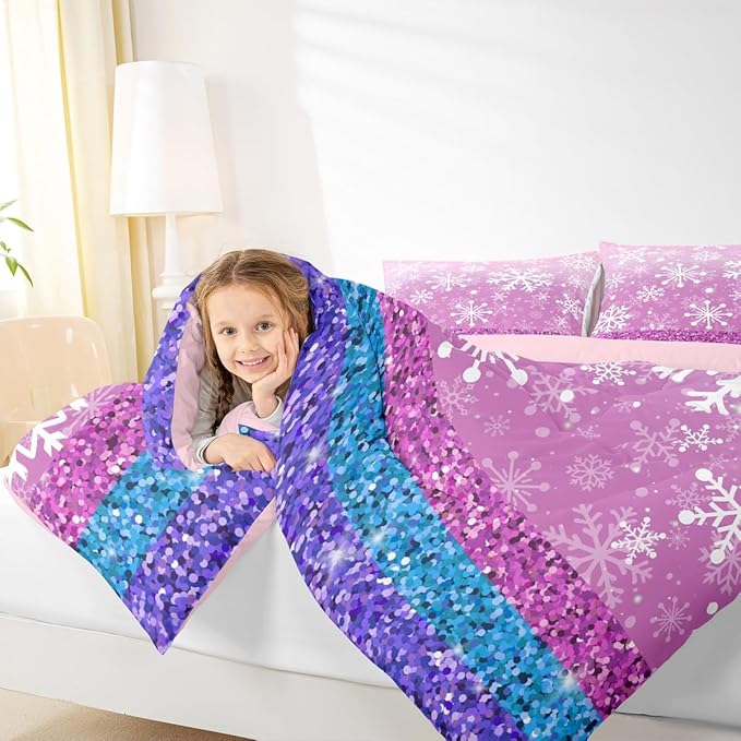 Feelyou Pink Snowflake Comforter Set King Size Winter Snowflake Bedding Set for Kids Boys Girls Christmas Duvet Quilt Glitter Print Bedroom Decor Microfiber 3 Pcs with 2 Pillow Cases
