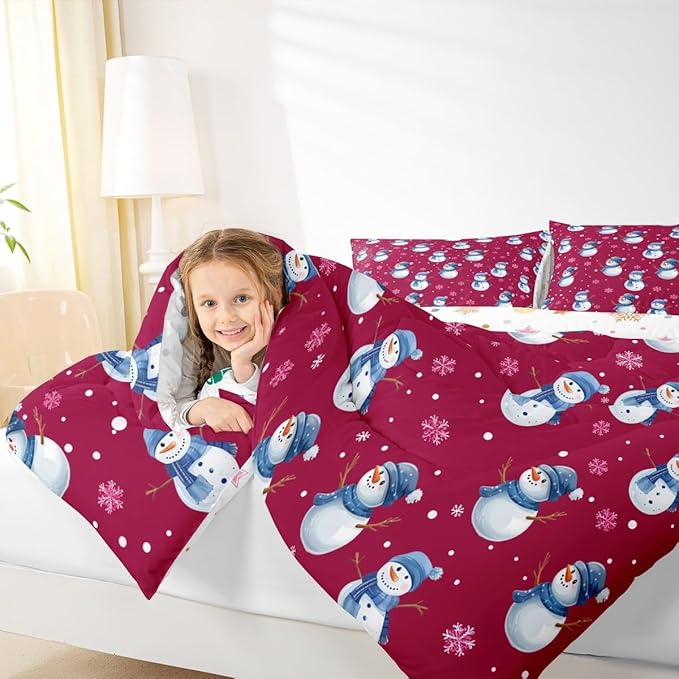 jejeloiu Kids Cute Winter Snowman Comforter Set Twin Size Red Christmas Theme Bedding Set for Boys Girls Teens Xmas Snowflake Happy New Year Duvet Quilt Room Decor