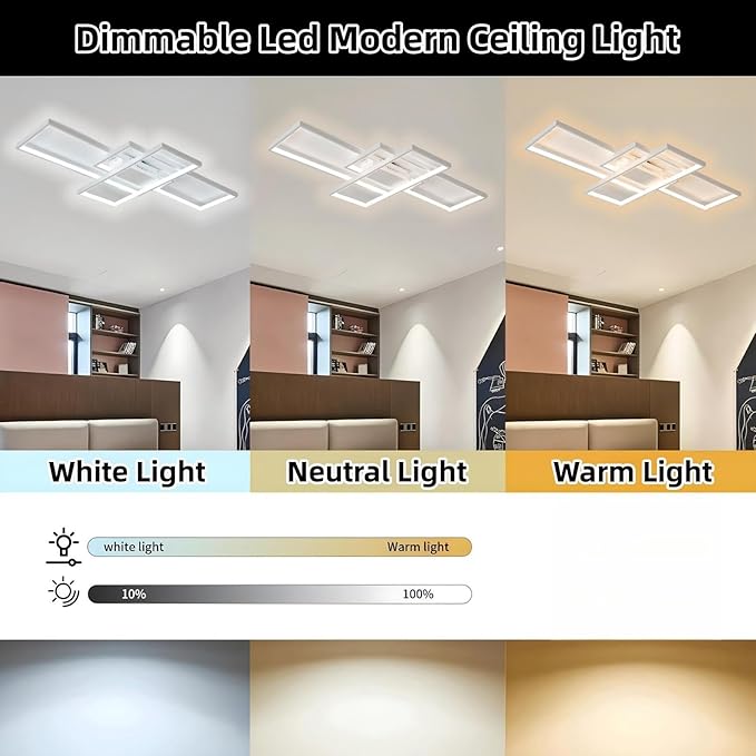 Flush Mount Modern LED Ceiling Light Fixture,With remote control Dimmable 3 Color Selectable Ceiling Lamp Ceiling Light for sitting room Kitchen Bedroom Hallway Porch (White, 55.1*31.5*2.5 IN)