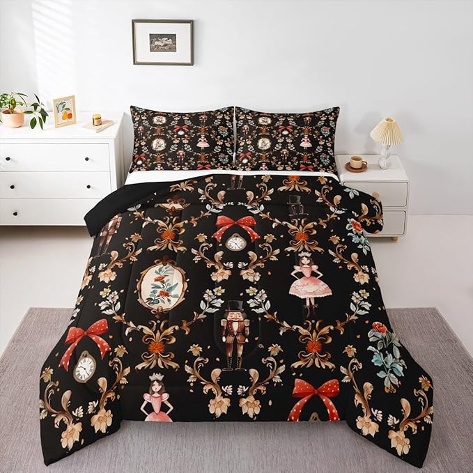 Feelyou Christmas Kids Comforter Set Queen Size Nutcracker Bedding Set Soldier Royal Guarder Princess Duvet Quilt for Kids Boys Girls Bedroom Flower Bow Decor Microfiber Ultra Soft Breathable