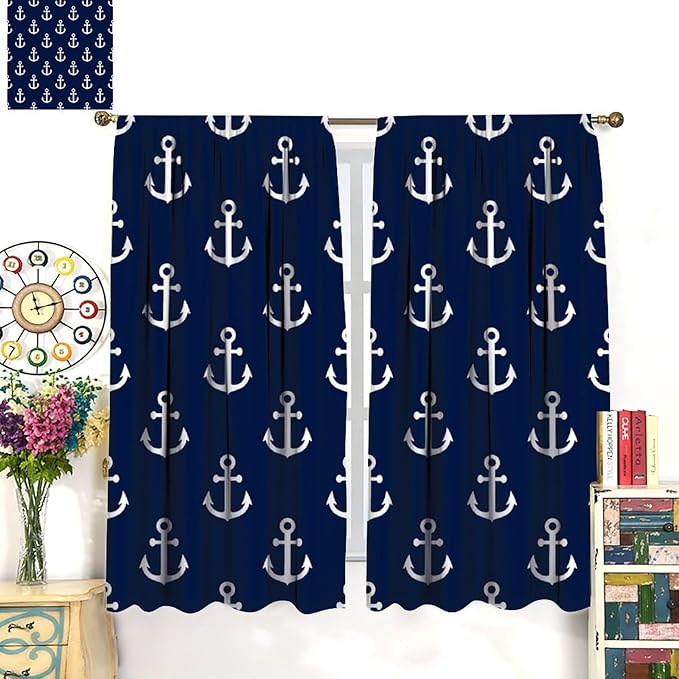Nautical Costal Curtains,MarineThemed Oceanic Anchor Pattern Blackout Print Home Bedroom Living Room Window Treatments 2 Panel Set 42x63 Inch