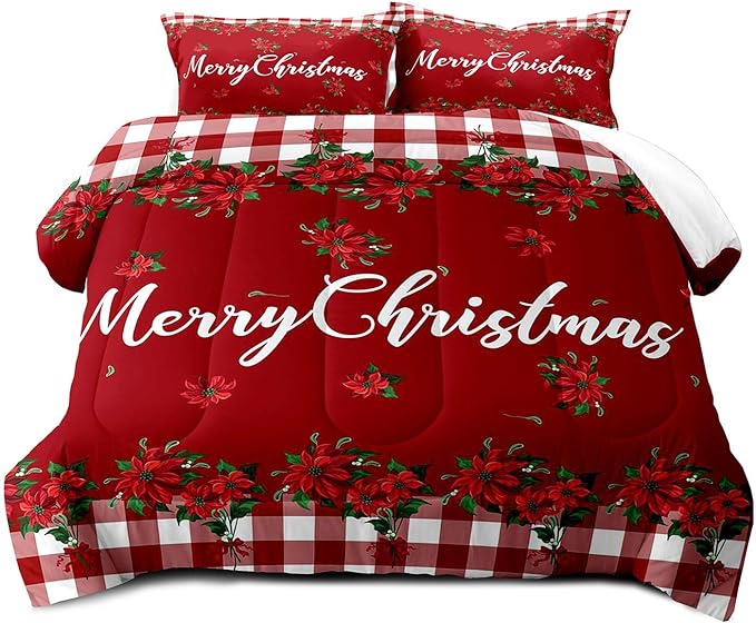 LUVIVIHOME 3PCS Merry Christmas Comforter Set King, Farmhouse Bedding, Holiday New Year Xmas Floral Checkered Red Buffalo Plaid Bedding, Poinsettia Christmas Decorations, Xmas Gifts, 2 Pillow Cases