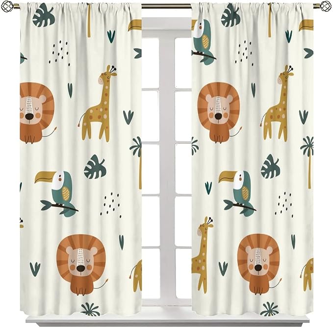 Cute Lion Window Curtains for Kids Bedroom,Cartoon Woodland Jungle Forest Wildlife Little Lion Giraffe Owl Palm Tree Printed Pattern Blackout Drapes for Living Room Baby Nursery Room 42x63in