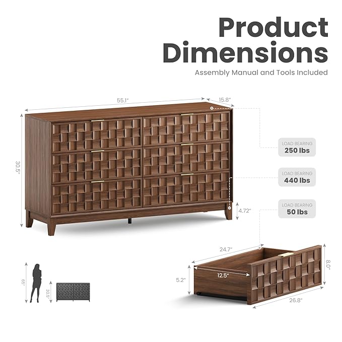 COLAMY Fluted Dresser, Modern Wooden 6 Drawer Dresser 55”, Side Board Buffet Storage Cabinet, Accent Cabinet with Metal Handles for Bedroom, Entryway, Hallway, Walnut