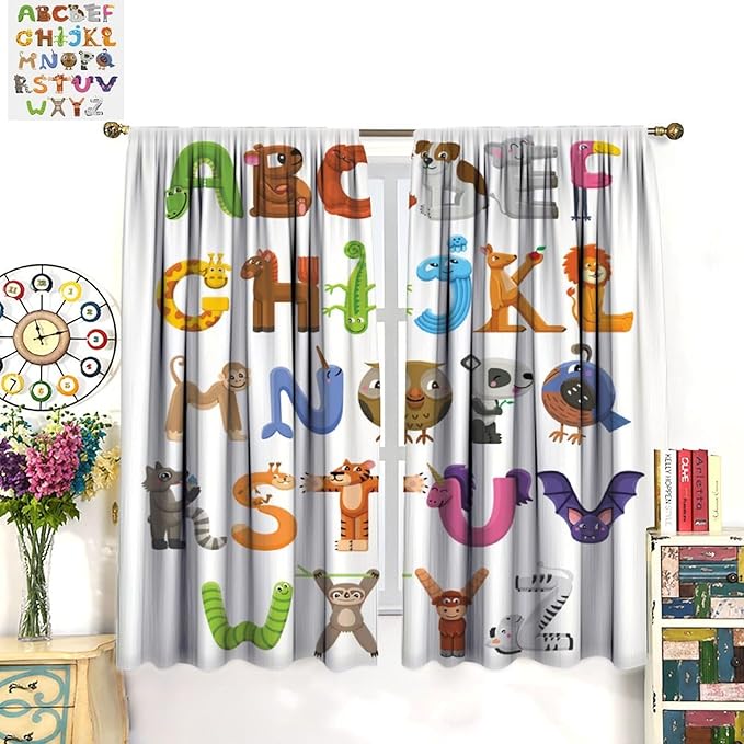 Kids Alphabet Curtains Cartoon Animal Baby Children Funny Learning Educational Curtain with Rod Pocket for Bedroom Nursery Decor Drapes Window Treatments 2 Panels Set 72x63in