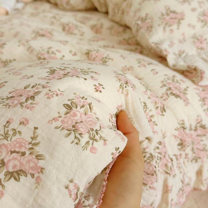 BuLuTu Pink Floral Twin Size Duvet Cover for Girls Kids, Flower Print Comforter Cover with Ruffles, Soft Lightweight Quilt Cover 100% Cotton Muslin, Zipper Closure, 68"x86", No Pillowcases