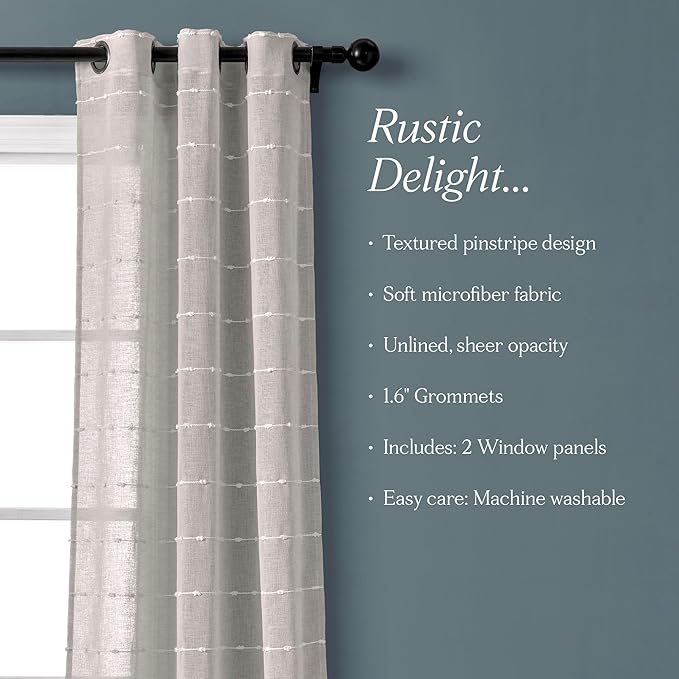 Lush Decor Farmhouse Textured Grommet Sheer Window Curtain Panel Pair, 38"W x 108"L, Gray
