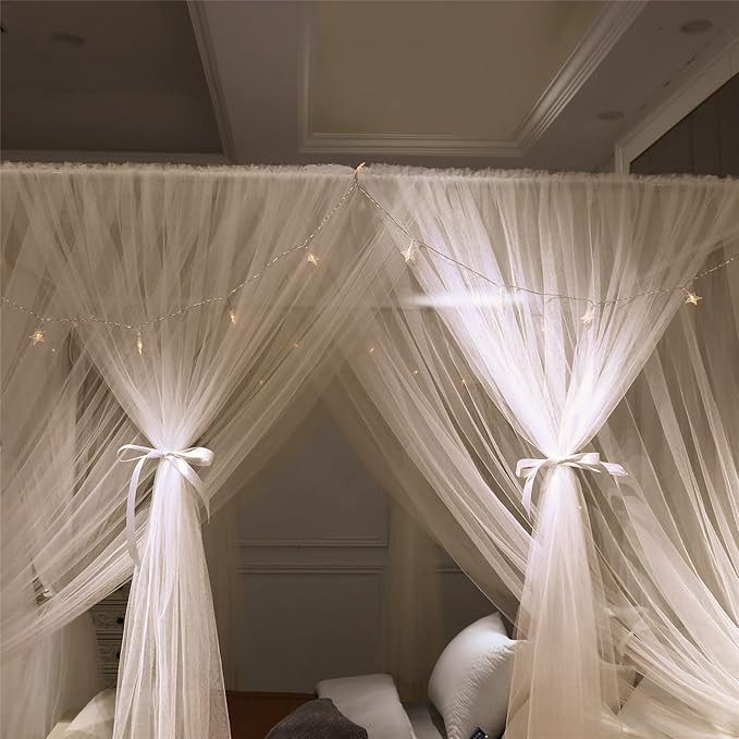 VETHIN 4 Corners Post Princess Bed Canopy Curtain Double Layer Cozy Drape Netting 4 Opening Mosquito Net for Girls & Adults Bedroom Decoration Accessories (Double White, 53" W*78" L*82"*H/(Full))