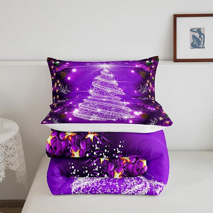 Feelyou Kids Merry Christmas Decorations Comforter Set, Kids Santa Tree Bedding Set King Size for Boys Girls Teens Xmas Christmas Bell Decor Comforter Glitter Purple Quilt Set