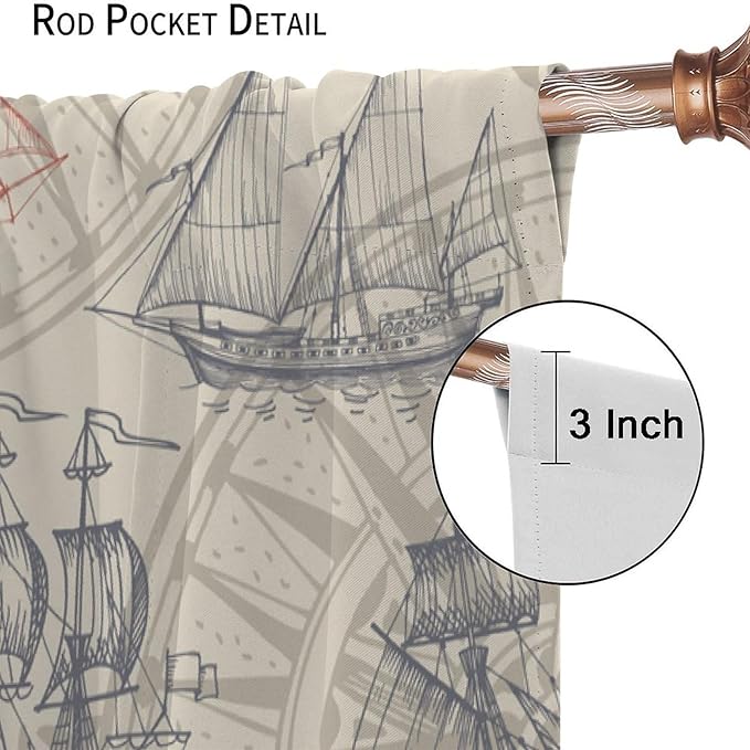 Abstract Nautical Curtain Set, 2 Panels, 42"W x 54"L, Yellow Polyester, Rod Pocket, Contemporary Ocean Theme, Bathroom, Indoor