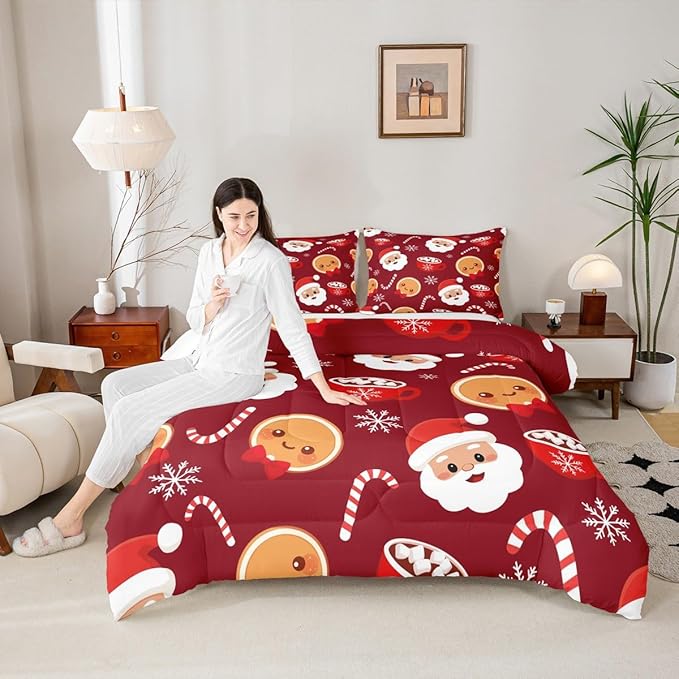Feelyou Merry Christmas Comforter Set Full Size Santa Claus Bedding Set for Kids Boys Girls Gingerbread Man Duvet Quilt Snowflake Bedroom Decor Microfiber 3 Pcs with 2 Pillow Cases