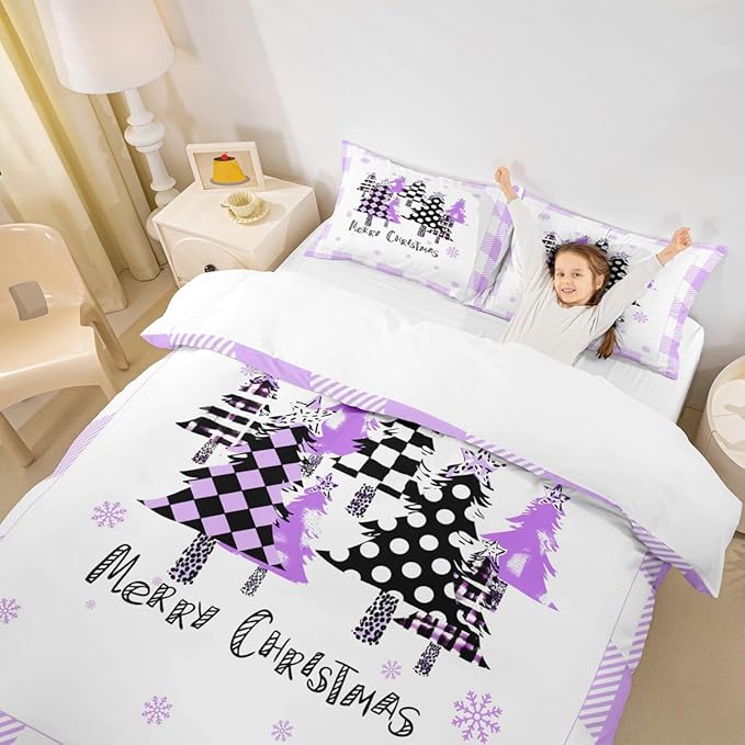 Manfei Xmas Trees Duvet Cover Set Full Size, Purple Plaid Grid Snowflake Bedding Set for Kids Girls Bedroom Decor, Christmas Theme Comforter Cover New Year Quilt Cover with 2 Pillowcases, No Comforter