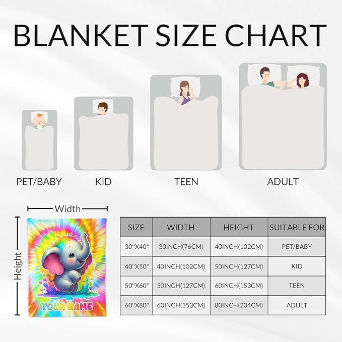 Elephant Blanket for Girls - Personalized 30" x 40" Inches Animal Throw for Kids, Toddler - Color Soft Fuzzy Blankets for Sofa, Couch