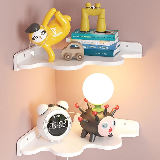 Cloud Corner Shelf Wall Mount, 2-Tier Floating Wavy Corner Wall Shelves with Cord Hole, White Funky Corner Shelves for Kid’s Room, Cute Shelves Display for Nursery,Bedroom,2 Sizes in One Set.