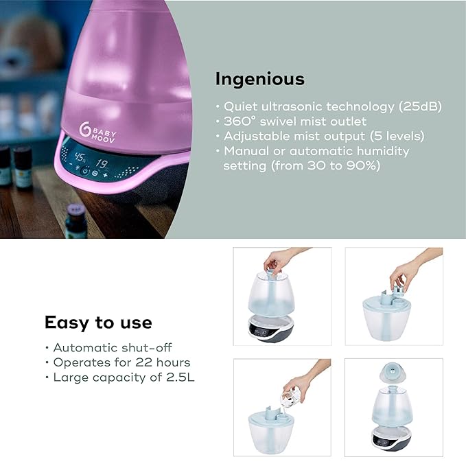 Babymoov Hygro Plus Cool Mist Humidifier 3-in-1 Humidity Control, Multicolored Night Light & Essential Oil Diffuser Easy Use and Care (NO Filter Needed)