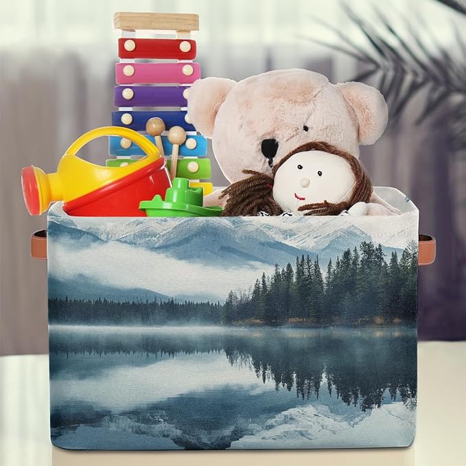 Collapsible Storage Bin 15x11in Mountain Lake Water Pattern Easter Storage Basket for Shelves, Dog Toy Organizing