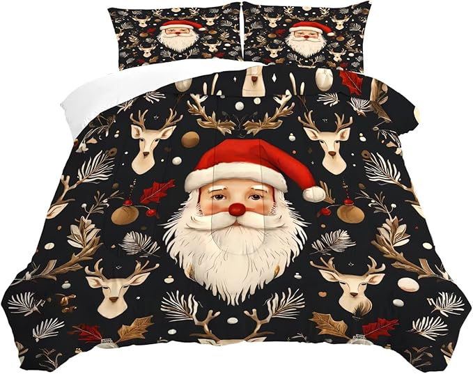 Black Christmas Comforter Set Twin Size Santa Claus Bedding for Kids Girls Women Xmas Reindeer Merry Christmas Bedroom Quilt Bed Sets, 1 Comforter 1 Pillowcase