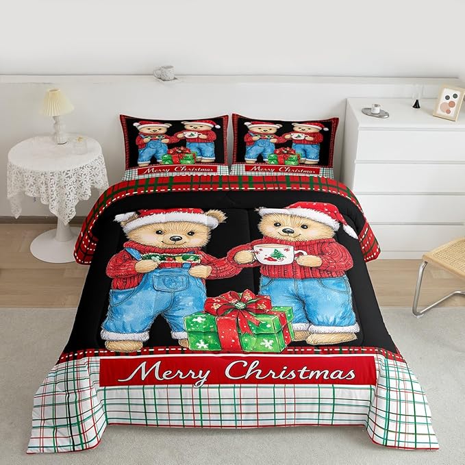 Feelyou Merry Christmas Bedding Set Soft for Boys Girls, Cute Bear Comforter Set Toddler Size Duvet Quilt Microfiber Winter Bedroom Decor 2 Pcs with 1 Pillow Cases