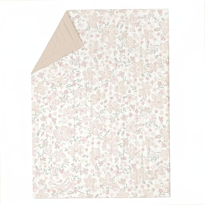 MakeMake Organics Organic Toddler Comforter GOTS Certified Organic Kids Blanket Cotton Infill Tufted - Reversible Ultra Soft Breathable Boys Girls (44"x60", Blossom + Solid Taupe)