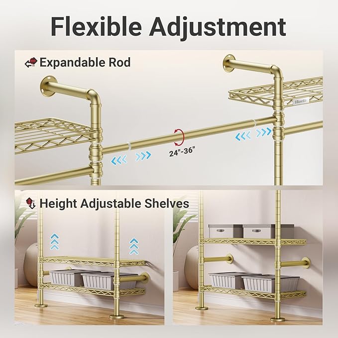 Timate F3 Garment Rack Heavy Duty Clothes Rack for Hanging Clothes, Expandable Industrial Pipe Wall Mounted Clothing Rack, Adjustable Storage Closet Wardrobe Closet Kit Walk in Closet Systems, Gold