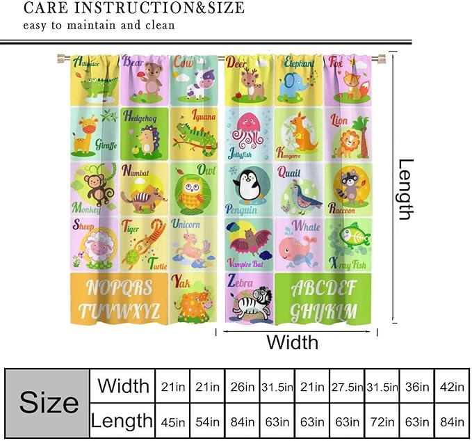 Kids Alphabet Letter Curtains Funny Education School Cute Cartoon Animal Printed Curtain with Rod Pocket for Bedroom Living Room Home Drapes Window Treatments 2 Panels Set 55" W X 63" L