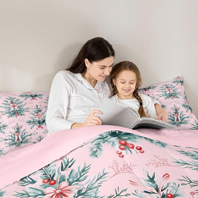 Feelyou Merry Christmas Kids Comforter Set Toddler Size Green Xmas Tree Bedding Set Pink Bow Duvet Quilt for Kids Boys Girls Bedroom Decor Microfiber Ultra Soft Breathable
