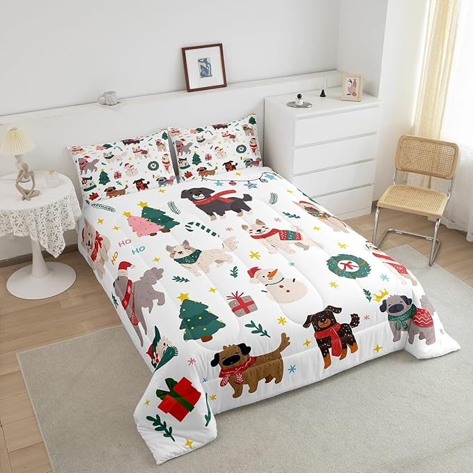 Erosebridal Merry Christmas Quilt Queen Size Cartoon Dog Comforter Set for Teens Kids Boys Xmas Tree Snowman Bedding Set Cute Pug Puppy Animal Duvet Insert with 2 Pillow Cases