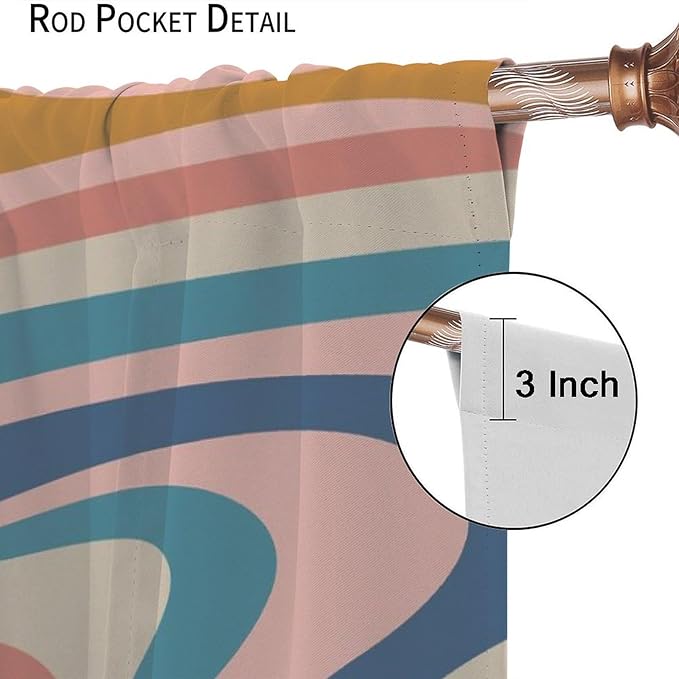70S Abstract Wavy Swirl Curtain for Bedroom Windows,Retro Boho Minimal Teen Girls Kids Living Room Restroom Window Treatments Drapes 63" W X 63" L