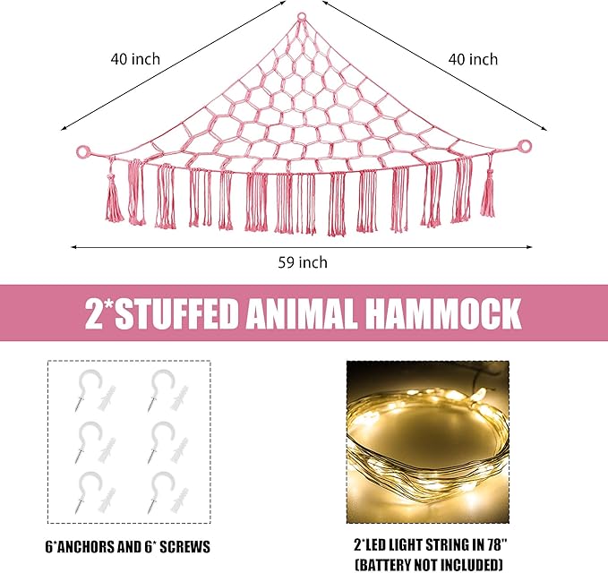 Stuffed Animal Hammock with LED Light, Large Stuffed Animals Storage Corner Plushie Net for Kids Room Decor, 2 Packs Pink
