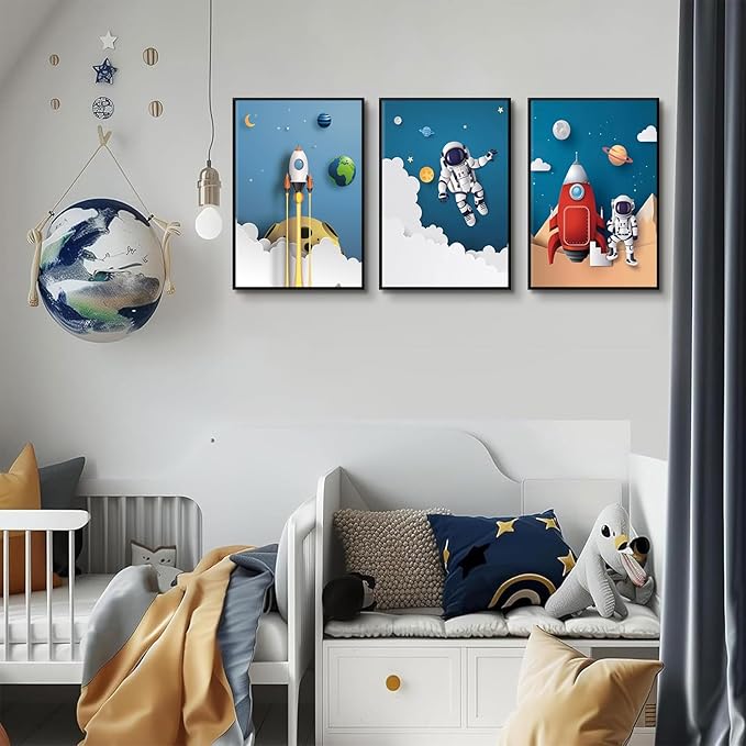 3Pcs Astronaut Canvas Wall Art Nursery Space Adventure Wall Decor Whimsical Space Themed Posters Artwork Rocket Spaceship Prints Pictures for Kids Room Boys and Girls Bedroom (16x24in Poster)