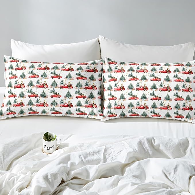 Feelyou Christmas Duvet Cover Boys Christmas Tree Bedding Set for Kids Teens Ultra Soft Cartoon Car Comforter Cover Set Watercolor Xmas Theme Bedspread Cover Room Decor King Size Bedclothes Zipper