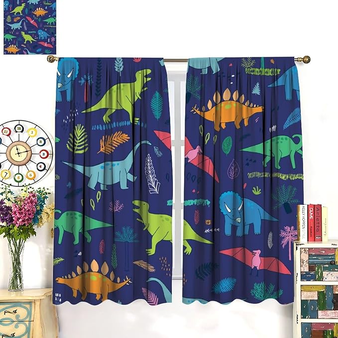 Dinosaurs Blackout Curtains Cute Cartoon Animals Dino Tropical Plant Colorful Art Print for Kids Boys Bedroom Living Room Rod Pocket Decoration Window Drapes 2 Panels W31.5xL72in