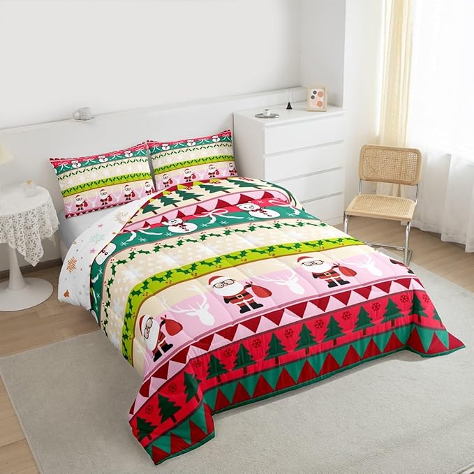 Feelyou Merry Christmas Tree Bedding Set Soft for Boys Girls, Cute Snowman Comforter Set Toddler Size Santa Claus Duvet Quilt Microfiber Cartoon Bowknot Bedroom Decor 2 Pcs with 1 Pillow Cases