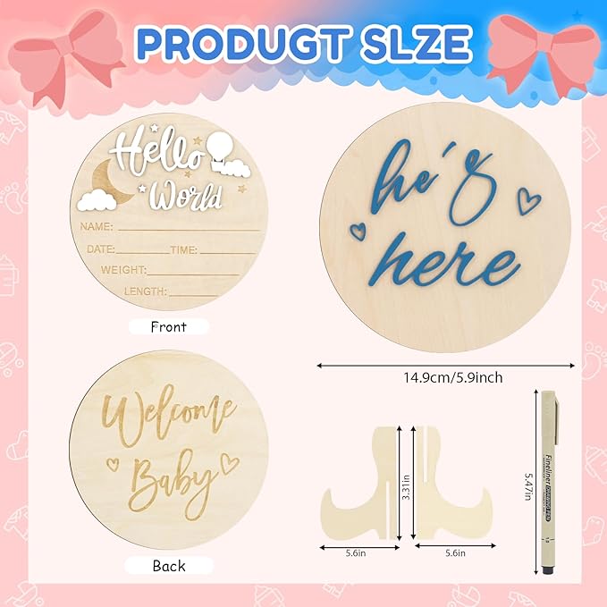 2PCS Hello World Newborn Sign and he's here, Gender Reveal Welcome baby Announcement Sign Board Wooden Birth Name Announcement Plaque and Pen for Baby Shower Photo Props Hospital Nursery