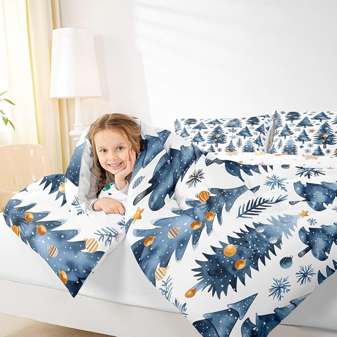 Feelyou Christmas Kids Comforter Set King Size Xmas Tree Bedding Set Snowflake Duvet Quilt for Kids Boys Girls Bedroom Watercolor Blue Decor Microfiber Ultra Soft Breathable