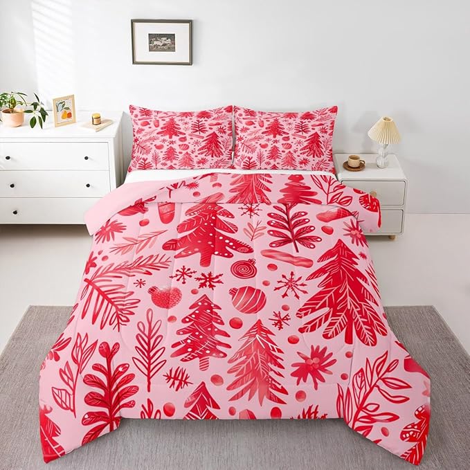 Feelyou Christmas Kids Comforter Set Twin Size Snowflake Candy Bedding Set Xmas Tree Duvet Quilt for Kids Boys Girls Bedroom Pine Tree Decor Microfiber Ultra Soft Breathable