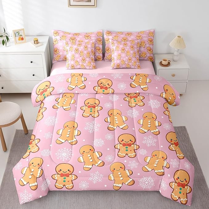 Erosebridal Christmas Gingerbread King Bedding Set 7 Piece,Cute Gingerbread Man Bed in A Bag,Xmas Snowflake Comforter Set Girls Sheet Set with Comforter,Pink Christmas Decoration