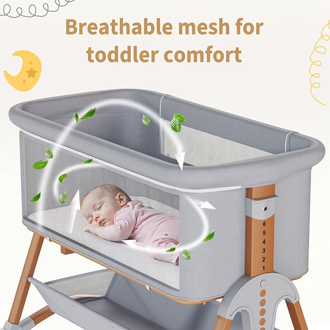 3 in 1 Baby Bassinet, 6 Height Adjustable Bedside Bassinet for Baby, Bassinet Bedside Sleeper with Comfy Mattress and Lockable Wheels, Rocking Crib for Newborn, Wood and Grey
