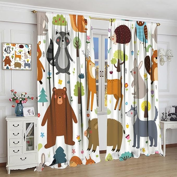 Forest Animals Kids Blackout Curtains Cartoon Cute Bear Deer Squirrel Owl Hedgehog Modern Art Print for Boys Girls Bedroom Living Room Nursery Rod Pocket Decoration Window Drapes 2 Panels W31.5xL72in