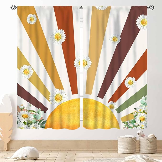 Boho Rainbow Curtains, Watercolor Bohemian Modern Abstract Daisy Floral Abstract Aesthetic Rainbow Blackout Window Treatments for Kids Girls Baby Bedroom Living Room Bathroom 2 Panels, 55"x63" Inch